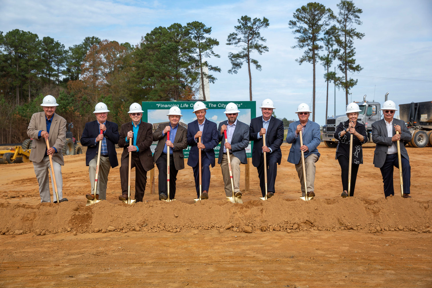 Southern AgCredit recently broke ground on its new headquarters and branch office building located on the I-55 frontage road in Ridgeland, Mississippi. From left are Southern AgCredit directors Larry Killebrew, Gene Boykin, Van Bennett, Steve Dockens and Allen Eubanks; Board Vice Chairman Scott Bell; CEO Phillip Morgan; directors Reggie Allen and Linda Staniszewski; and Board Chairman Kevin Rhodes.
